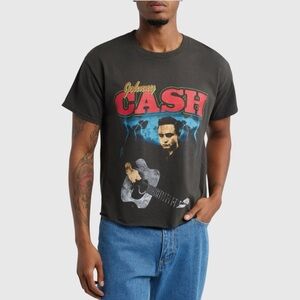 Johnny Cash Merch Traffic Black Pigment Dye Smokey Guitar Crop T-Shirt, Medium